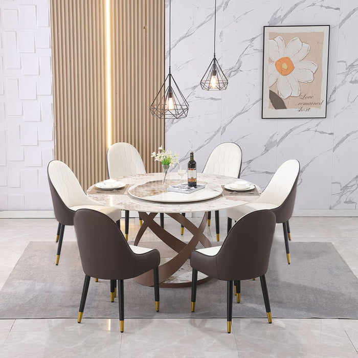 Modern Sintered Stone Dining Table With 31.5" Round Turntable And Metal Exquisite Pedestal With 6 Pieces Chairs