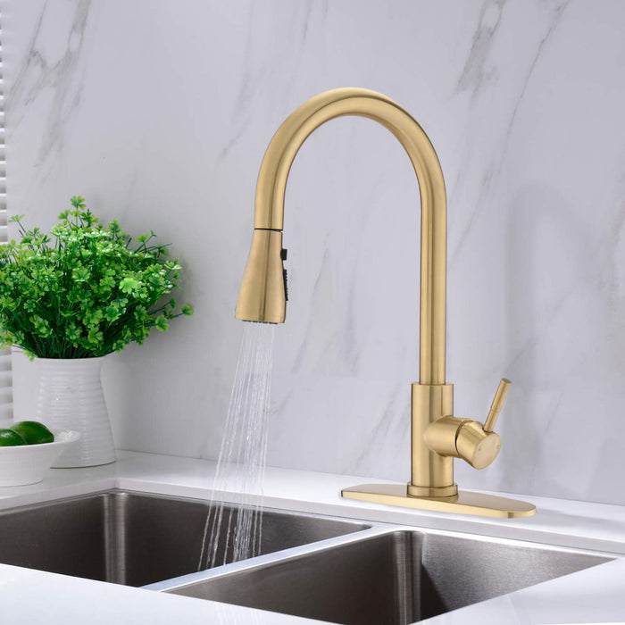 Pull Down Kitchen Faucet With Sprayer Stainless Steel Brushed Gold