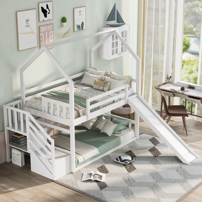 Twin Over Twin House Bunk Bed With Convertible Slide, Storage Staircase - White