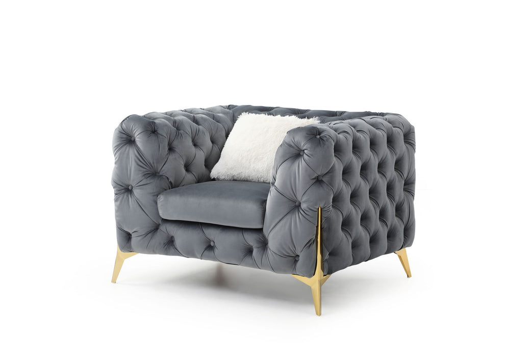 Moderno Tufted Chair Finished In Velvet Fabric In Gray