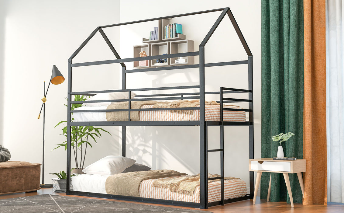 Bunk Beds For Kids Twin Over Twin, House Bunk Bed Metal Bed Frame Built In Ladder, No Box Spring Needed Black