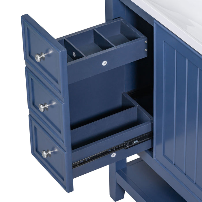 36" Bathroom Vanity With Sink Combo, One Cabinet And Three Drawers, Solid Wood And MDF Board, Blue