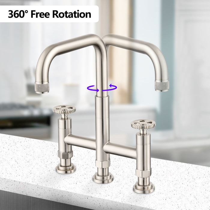 Double Handle Bridge Kitchen Faucet With Side Spray Brushed Nickel