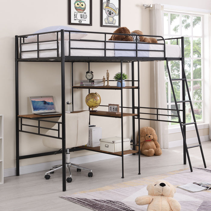 Twin Size Metal Loft Bed And Built In Desk And Shelves, Black