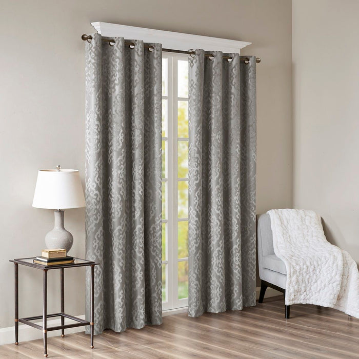 Knitted Jacquard Damask Total Blackout Grommet Top Curtain Panel In Charcoal