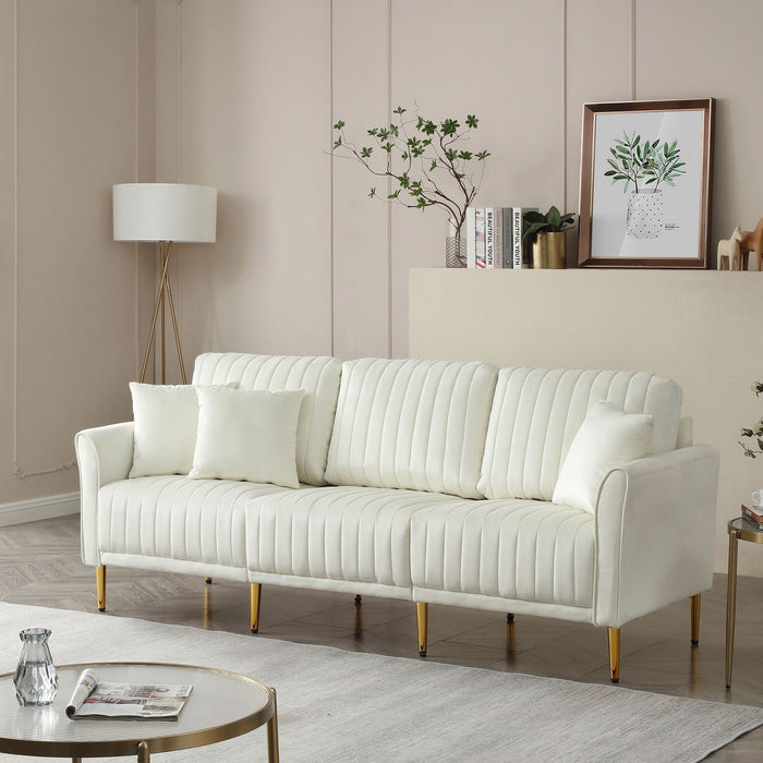 Contemporary Velvet Upholstered 3 Seater Sofa With Deep Channel Tufting And Gold Metal Legs - Cream