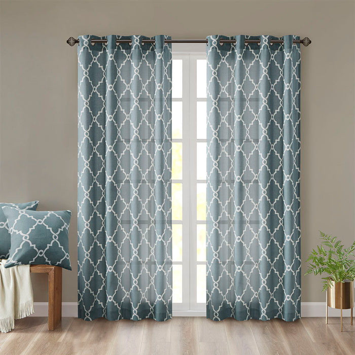 Fretwork Print Grommet Top Window Curtain Panel - Blue