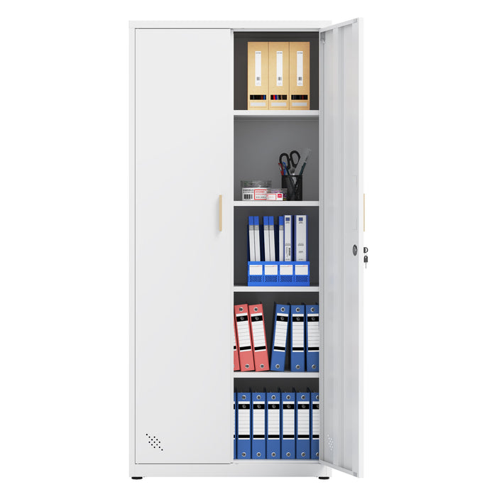 High Storage Cabinet With 2 Doors And 4 Partitions To Separate 5 Storage Spaces, Home / Office Design - White