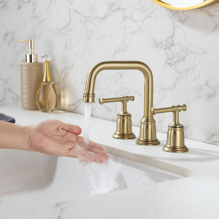 Widespread Bathroom Faucet With Drain Assembly In Brushed Gold
