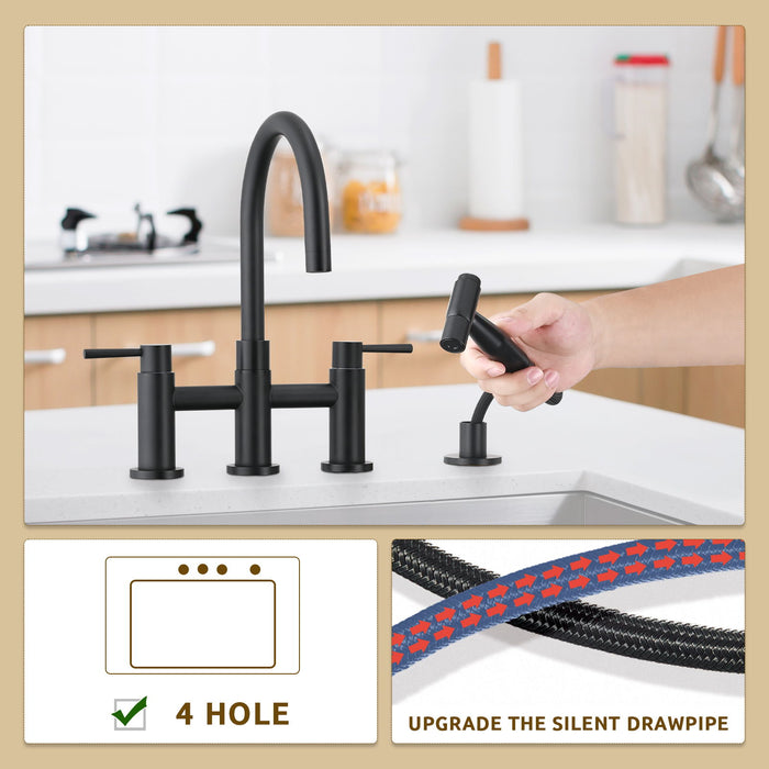 Double Handle Bridge Kitchen Faucet With Side Spray - Black