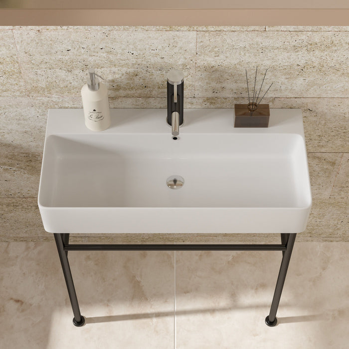 32" Bathroom Console Sink With Overflow, Ceramic Console Sink White Basin Black Legs