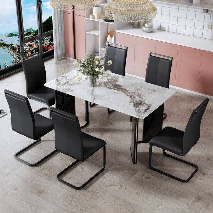 Table And Chair Set 1 Table And 6 Chairs Rectangular Dining Table, White Imitation Marble Tabletop, MDF Table Legs With Gold Metal Decorative Strips. Equipped With White Black Leg Chairs