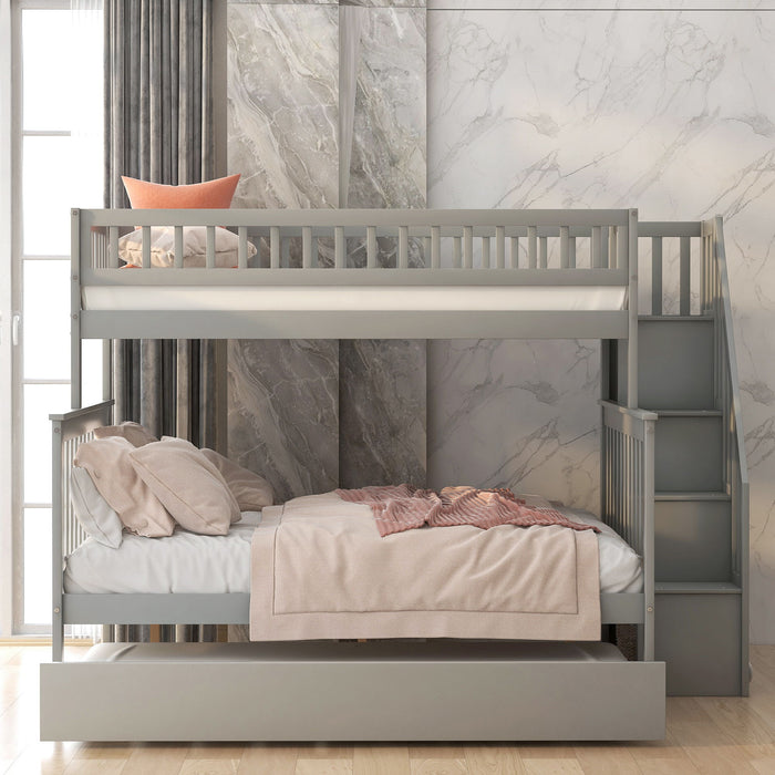 Twin Over Full Bunk Bed With Trundle And Staircase, Gray