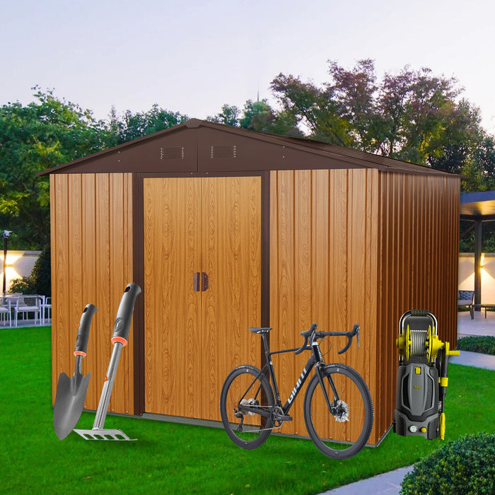 10Ft X 8Ft Outdoor Metal Storage Shed With Metal Floor Base - Coffee