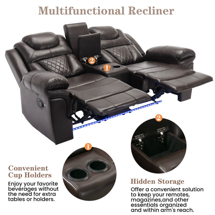 Home Theater Seating Manual Recliner Loveseat With Hide-Away Storage, Cup Holders And LED Light Strip For Living Room, Brown