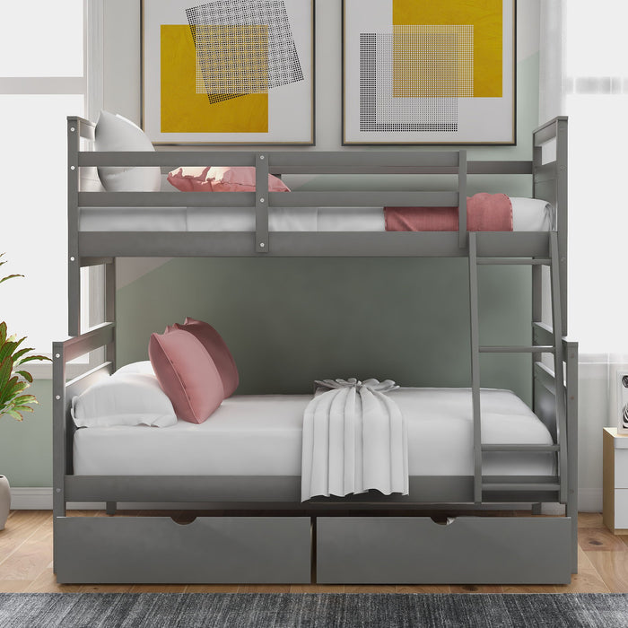 Twin Over Full Bunk Bed With Ladder, Two Storage Drawers, Safety Guardrail Gray