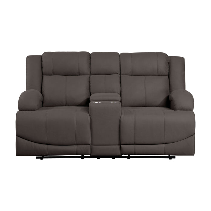 Chocolate Color Microfiber Upholstered 1 Piece Double Reclining Loveseat With Center Console Transitional Living Room Furniture