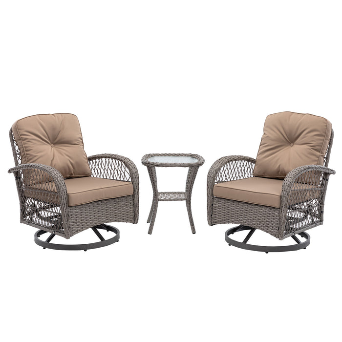 3 Pieces Outdoor Swivel Rocker Patio Chairs, 360 Degree Rocking Patio Conversation Set With Thickened Cushions And Glass Coffee Table For Backyard, Khaki