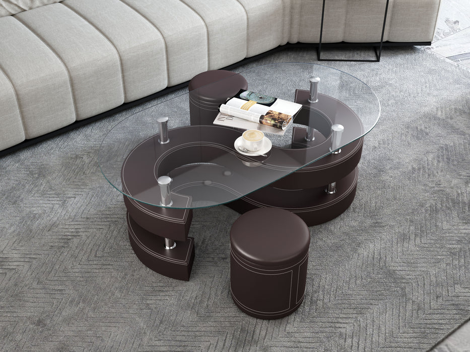 3 Pieces Coffee Table Set, Oval 10Mm / 0.39" Thick Tempered Glass Table And 2 Leather Stools - Brown