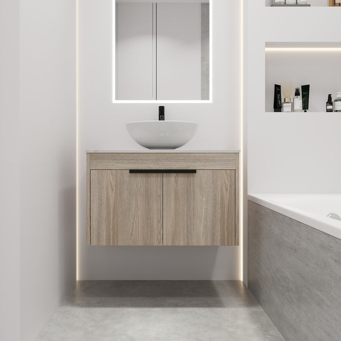 30" Modern Design Float Bathroom Vanity With Ceramic Basin Set, Wall Mounted White Oak Vanity With Soft Close Door, KD-Packing, KD-Packing, 2 Pieces Parcel, Top - Bab321Mowh
