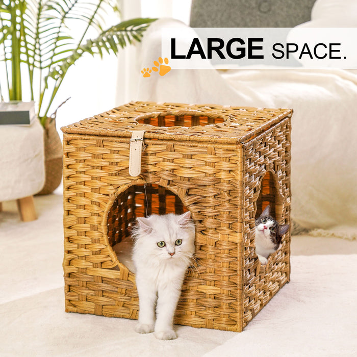 Rattan Cat Litter, Cat Bed With Rattan Ball And Cushion, Yellowish Brown