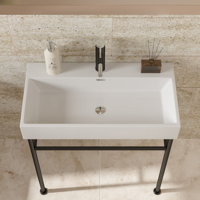 35" Bathroom Console Sink With Overflow, Ceramic Console Sink White Basin Black Legs