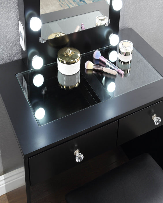Black Makeup Vanity And Stool Set With 10 Lights And USB Port And Power Outlet, 2X Drawers Luxurious Style Furniture