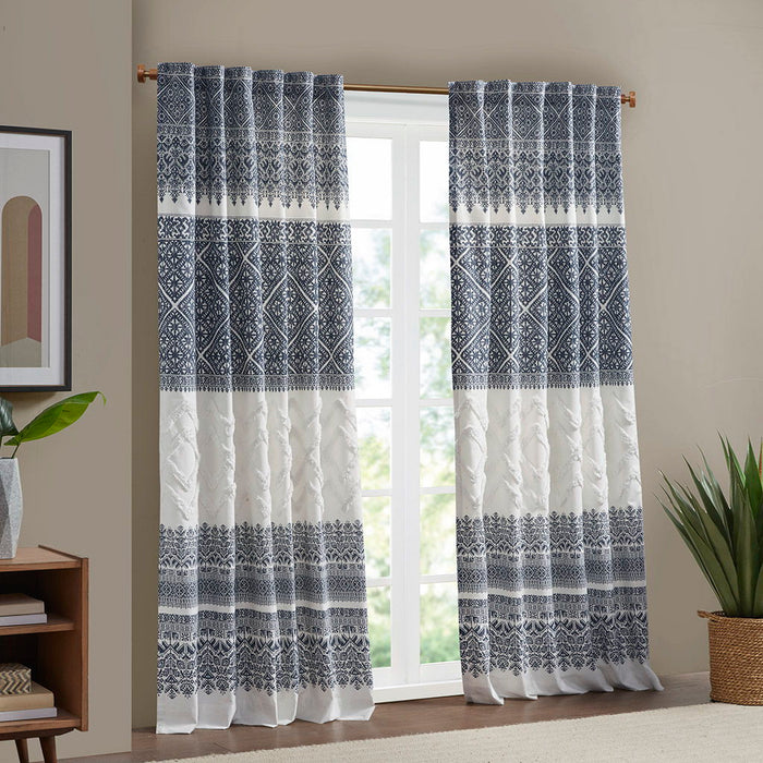 Mila Cotton Printed Curtain Panel With Chenille Detail And Lining - Blue