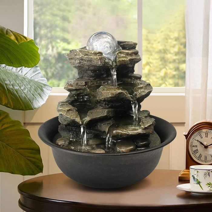 Rock Cascading Tabletop Water Fountain With Led Lights & Crystal Ball For Home Office Bedroom Relaxation