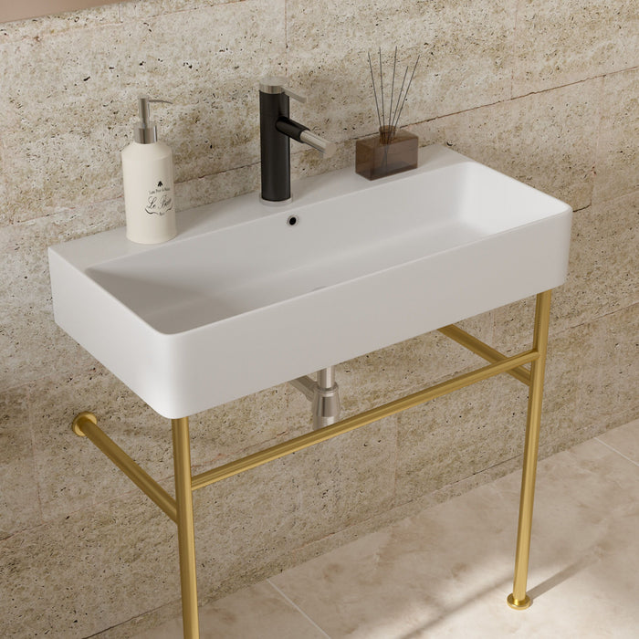 32" Bathroom Console Sink With Overflow, Ceramic Console Sink White Basin Gold Legs
