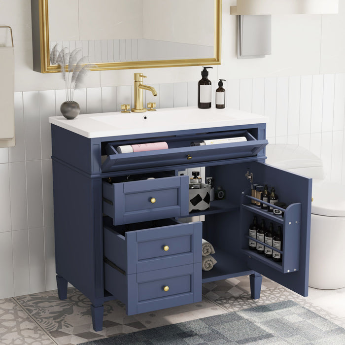 Bathroom Vanity With Top Sink, Modern Bathroom Storage Cabinet With 2 Drawers And A Tip-Out Drawer, Single Sink Bathroom Vanity - Blue
