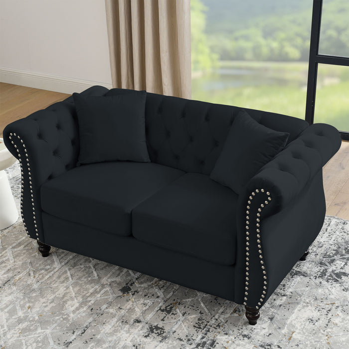 Chesterfield Sofa Black Velvet For Living Room, 2 Seater Sofa Tufted Couch With Rolled Arms And Nailhead For Living Room, Bedroom, Office, Apartment, Two Pillows, Black