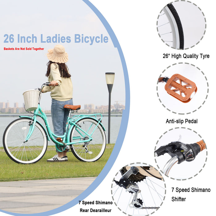 7 Speed, Steel Frame, Multiple Colors 26 Inch Ladies Bicycle