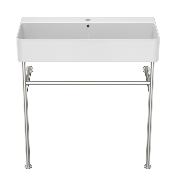 32" Bathroom Console Sink With Overflow, Ceramic Console Sink White Basin Polished Nicke Legs