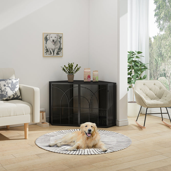 Spacious Dog Cage With Tempered Glass, For Corner Of Living Room, Hallway, Study And Other Spaces, Black