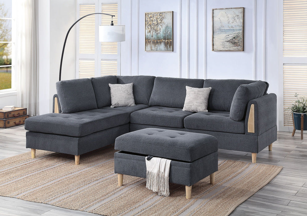 3 Pieces Reversible Sectional Set Living Room Furniture Charcoal Color Chenille Couch Sofa, Reversible Chaise Ottoman