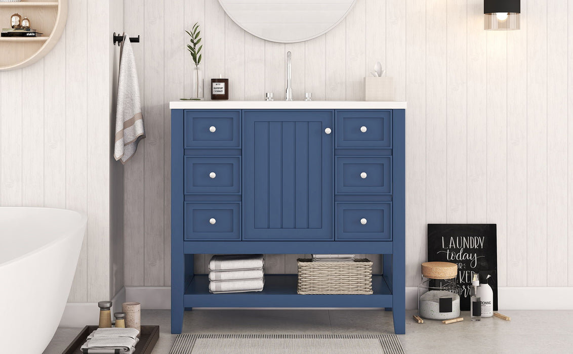 36" Bathroom Vanity With Sink Combo, One Cabinet And Three Drawers, Solid Wood And MDF Board, Blue