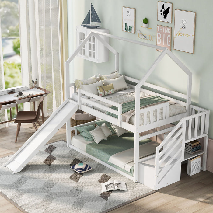 Twin Over Twin House Bunk Bed With Convertible Slide, Storage Staircase - White