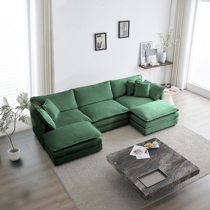 U-Shaped Sectional Sofa With Reversible Footrest, 5-Seater Convertible Corner Couch With 2 Ottomans, Modern Minimalist Soft Sofa & Couch For Living Room, Green Chenille