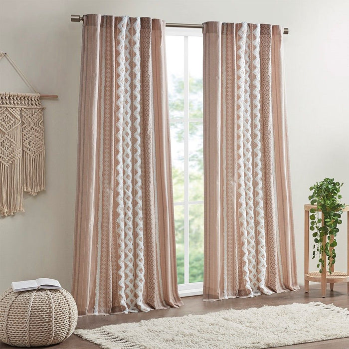 Imani Cotton Printed Curtain Panel With Chenille Stripe And Lining - Pink