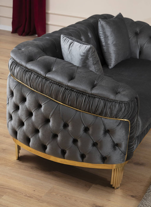 Vanessa Loveseat Livingroom Set In Gray And Gold With Fabric Button Tufted Velvet Upholstery Finish