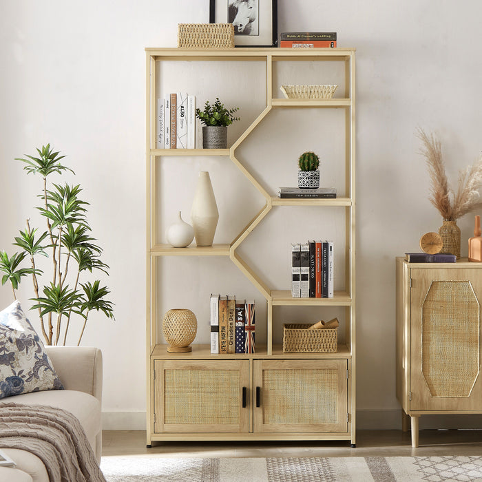 Rattan Bookshelf 7 Tiers Bookcases Storage Rack With Cabinet For Living Room Home Office - Natural