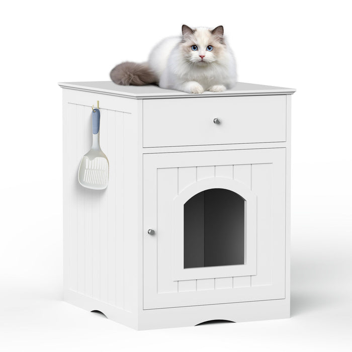 Wooden Pet House Cat Litter Box Enclosure With Drawer, Side Table, Indoor Pet Crate, Cat Home Nightstand - White