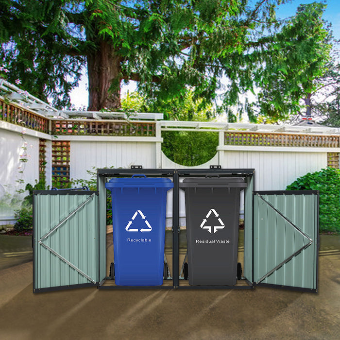 Garbage Bin Shed Stores 2 Trash Cans Metal Outdoor Bin Shed For Garbage Storage, Stainless Galvanized Steel, Bin Shed For Garden Yard Lawn