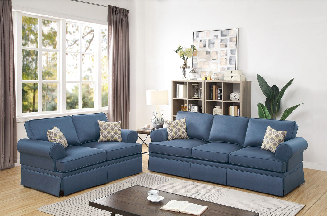 2Pc Sofa Set Sofa And Loveseat Living Room Furniture Blue Glossy Polyfiber Cushion Couch