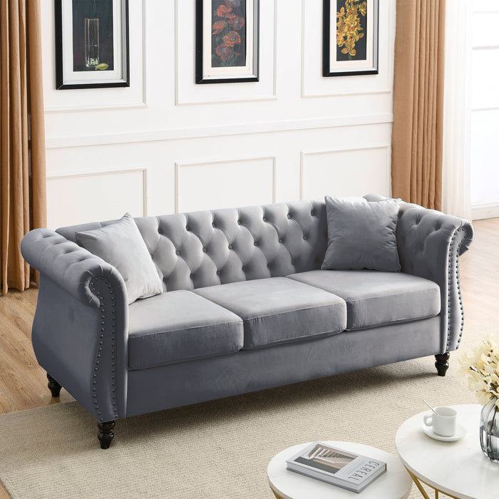 Chesterfield Sofa Grey Velvet For Living Room, 3 Seater Sofa Tufted Couch With Rolled Arms And Nailhead For Living Room, Bedroom, Office, Apartment, Two Pillows - Grey