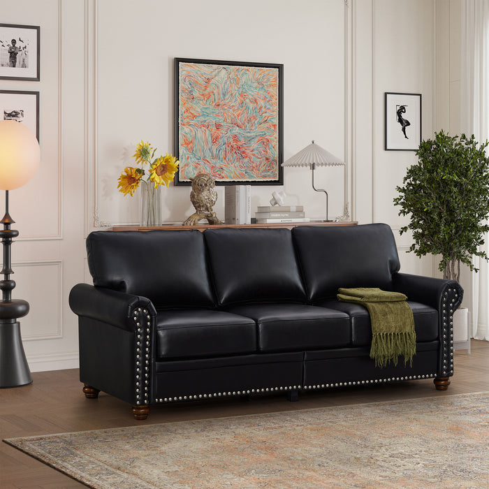 Classic Living Room Nails Sofa Black Faux Leather