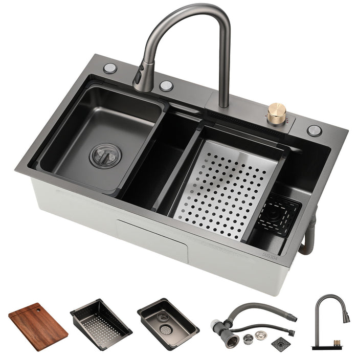 Kitchen Sink Flying Rain Waterfall Kitchen Sink Set 30"X 18" 304 Stainless Steel Sink With Pull Down Faucet