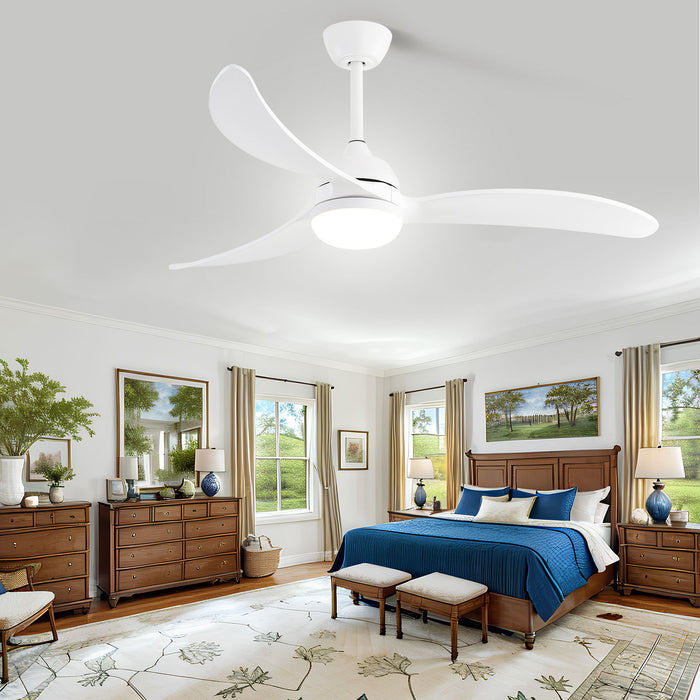 Indoor Ceiling Fan With Dimmable LED Light 3 Solid Wood Blades Remote Control Reversible Dc Motor White For Living Room In White