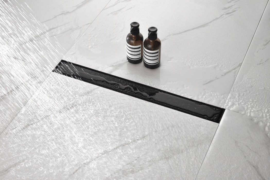 Linear Shower Drain With Removable Quadrato Pattern Grate, Shower Drain Included Hair Strainer And Leveling Feet